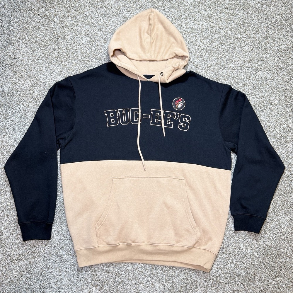 Buc-ee's Mens XL Black Tan Colorblock Beaver Logo Pullover Hoodie Sweatshirt